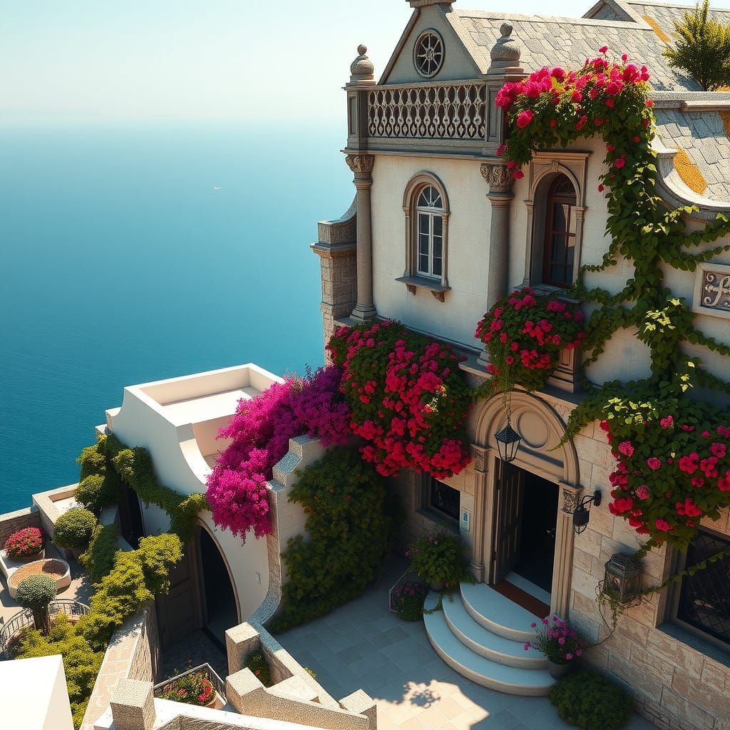 Abandoned Gothic Manor in Santorini, Digital Painting