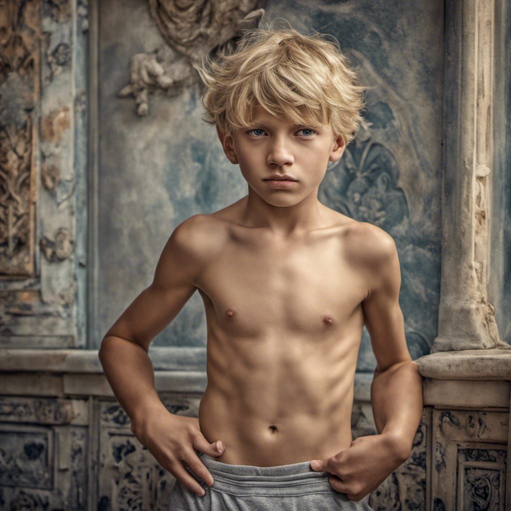 shirtless muscular blond boy 12yo full body abs beautiful face, after