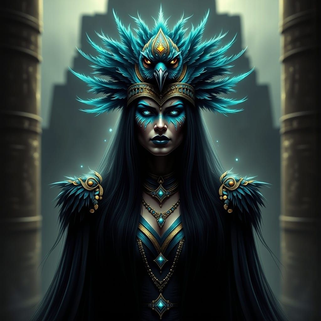 Mayan priestess, long jet black hair, blue hieroglyphics painted on her face, wearing a colorful mask fashioned out of feathers to resemble...