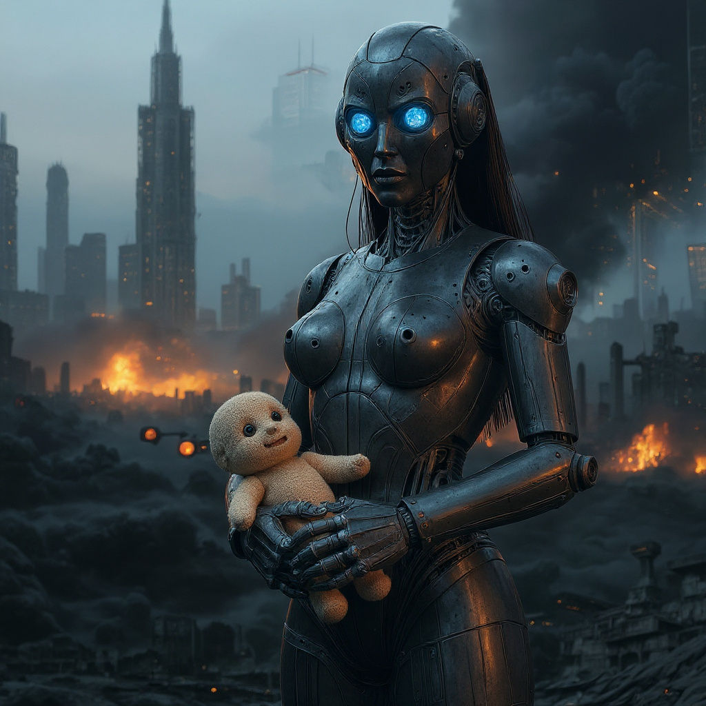 A cinematic, ultra-realistic nighttime scene of a dystopian city in ruins. The skyline is reduced to jagged silhouettes of bombed-out skyscr...