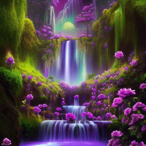 A Beautiful Purple Paradise And Waterfalls   #02 - Ai Generated Artwork 