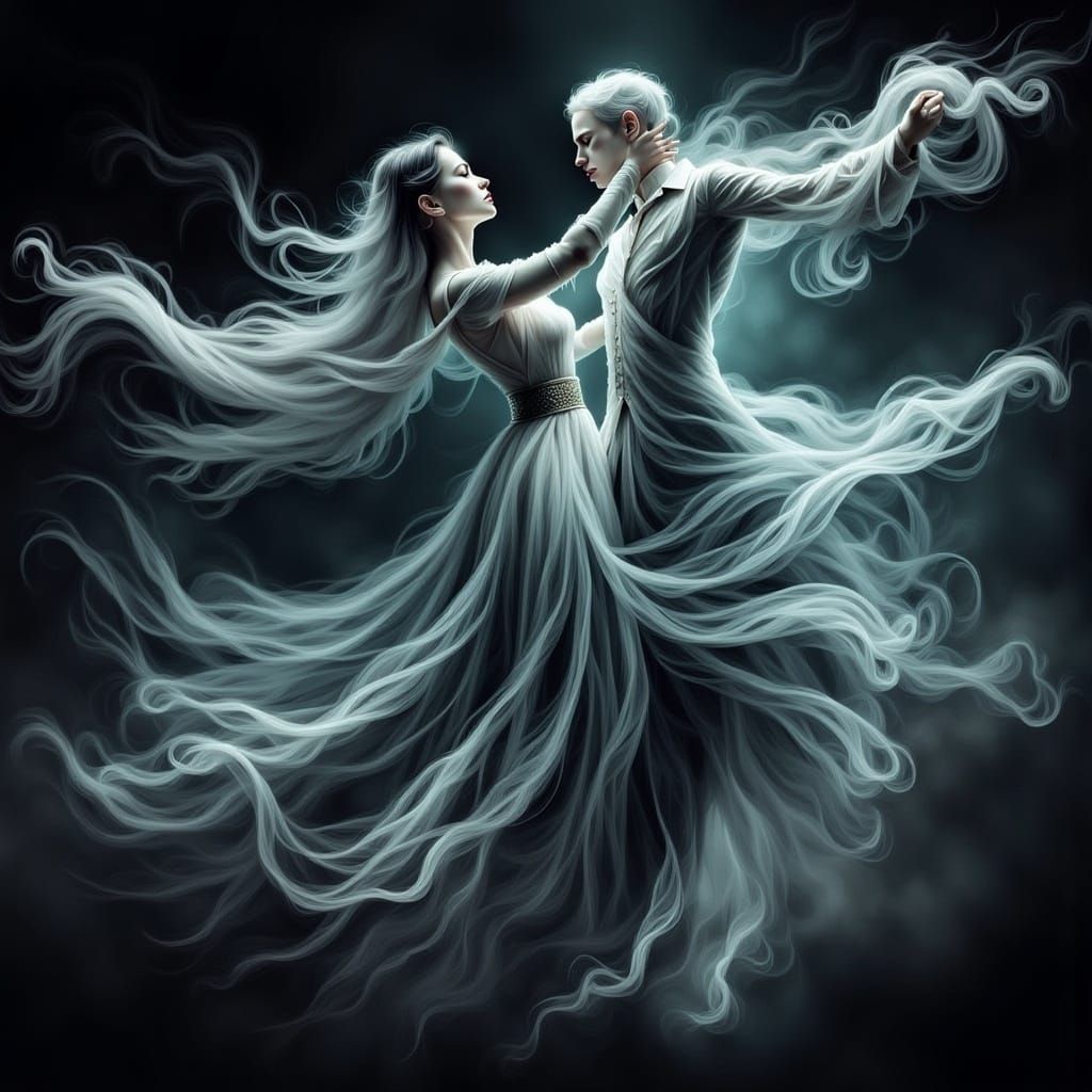Wispy, Two transparent holographic ghosts dancing the tango, transparent wispy smoke like ghosts dancing in the moonlight , wind blowing, sw...