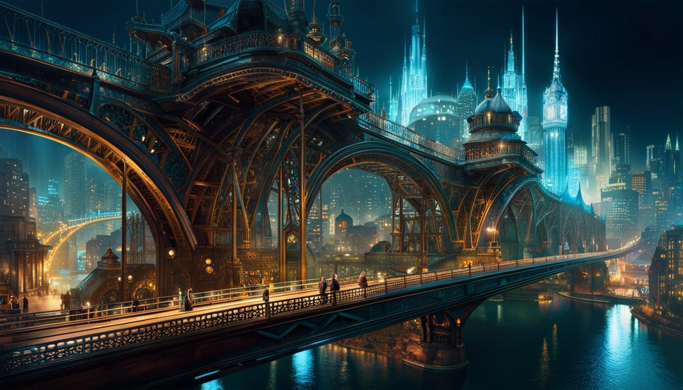 bridge by Leonardo da Vinci in a futuristic city!!", A breathtaking masterpiece fantasycore artwork by ... false