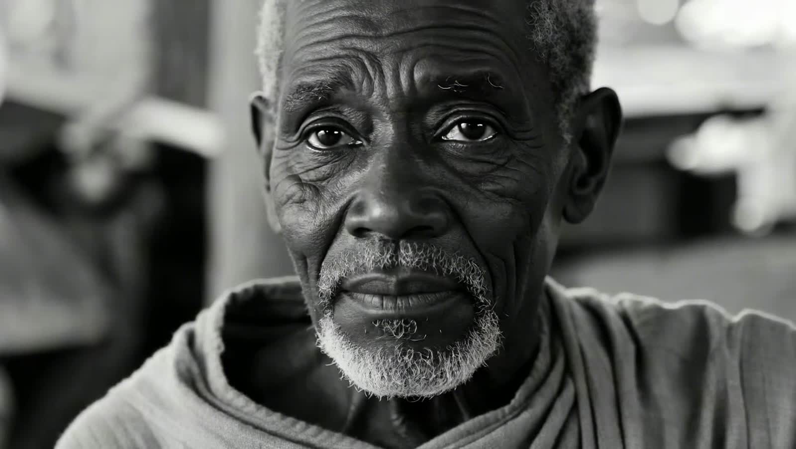 Black-and-white, high-contrast portrait photo of a very old Black African man with deep wrinkles and weathered skin, eye...