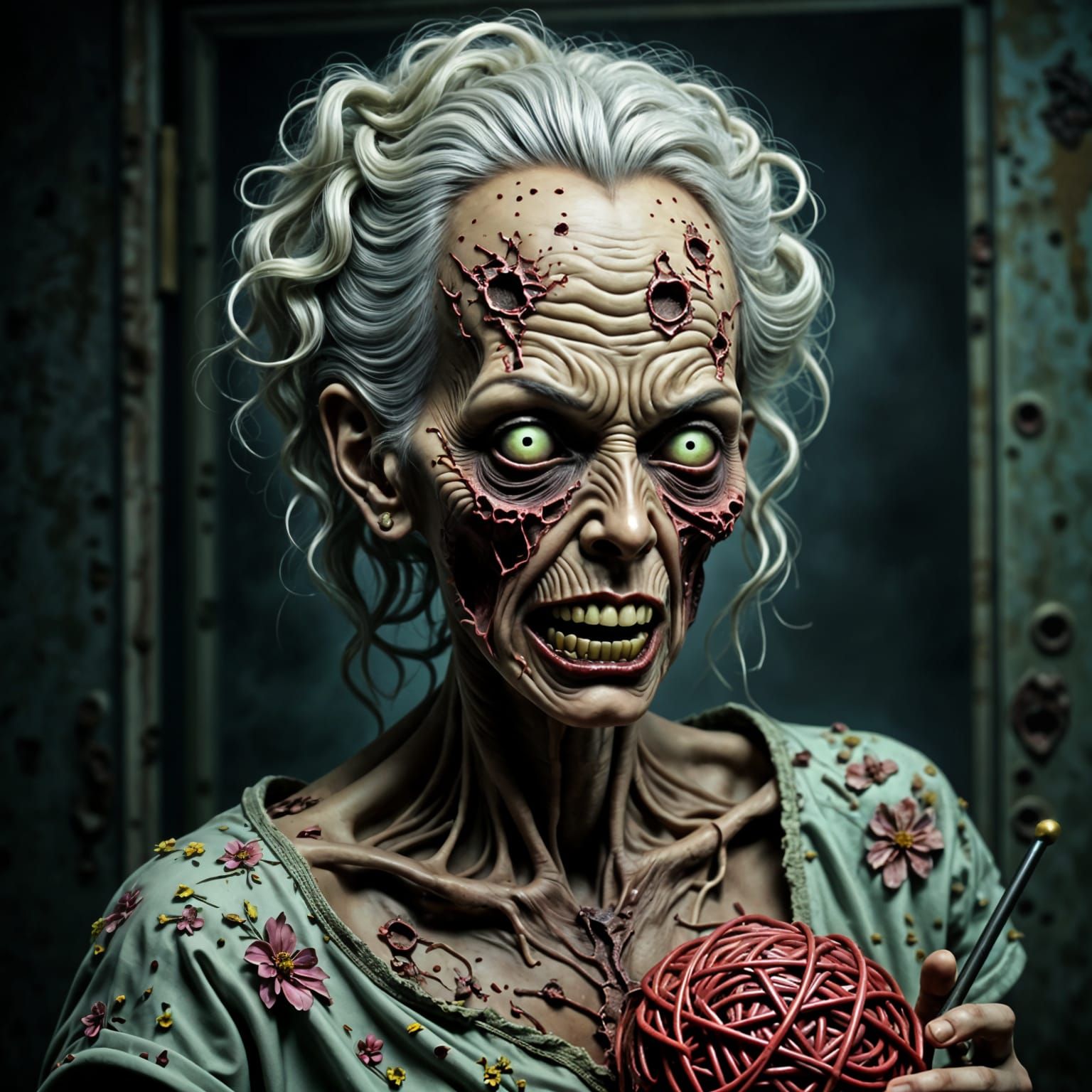 A terrifying ultra-detailed half body portrait of a grandma zombie with rotting, peeling flesh and exposed muscle. Her blue glowing eyes sta...