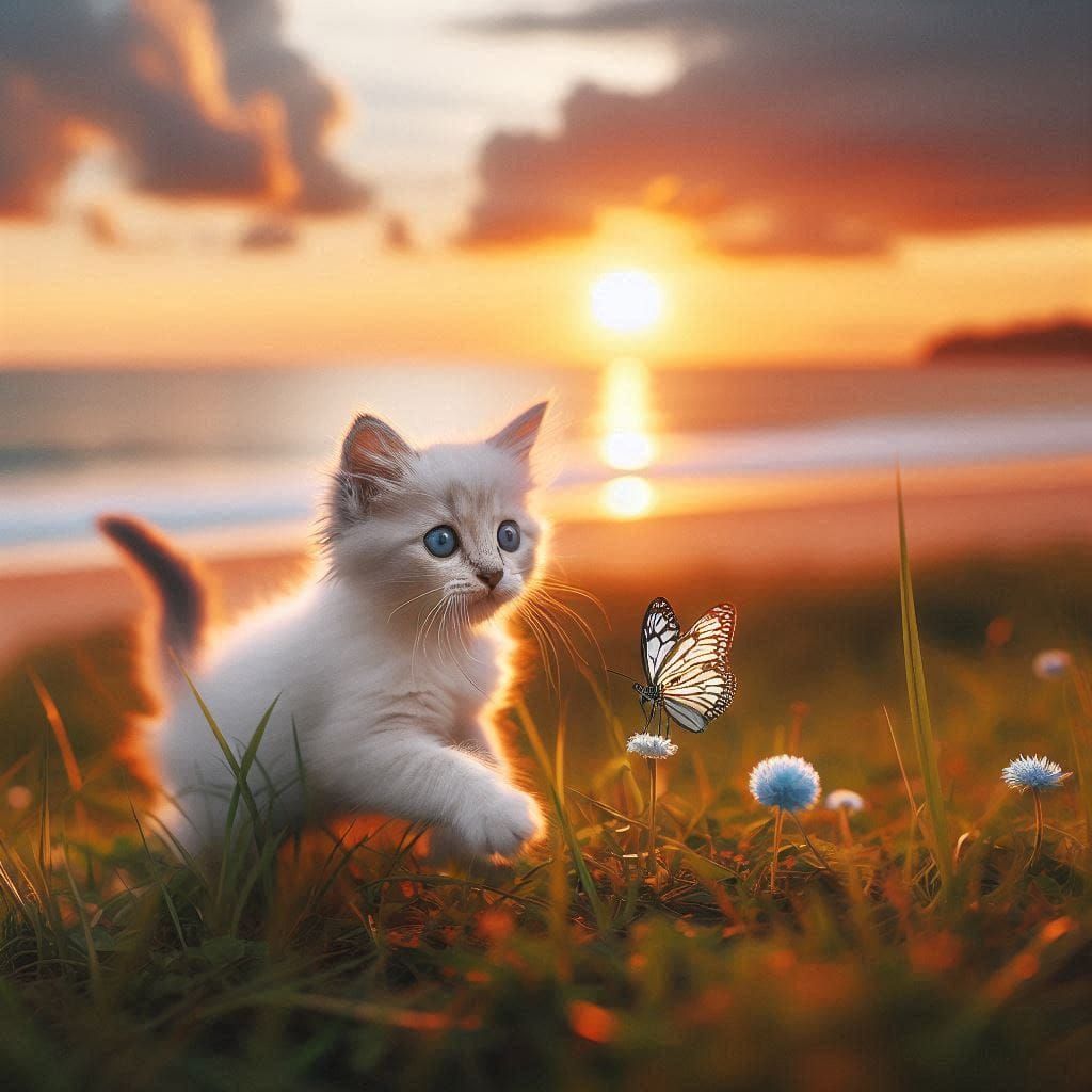 Красивый котенок гонится за бабочкой