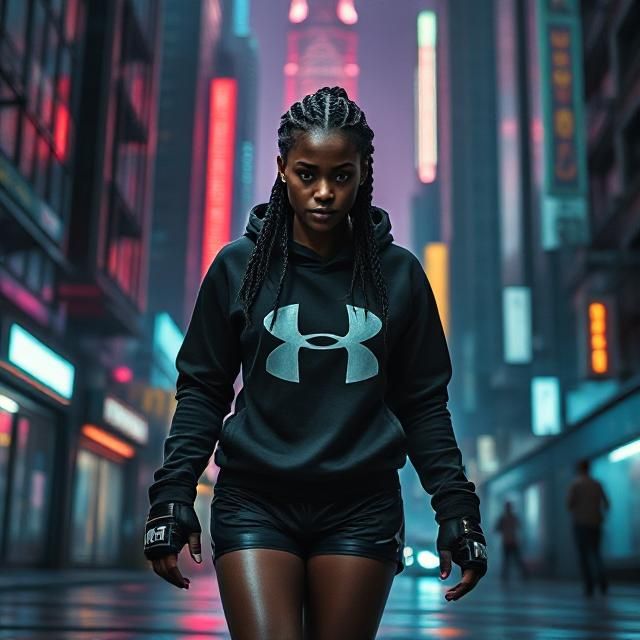 Black female MMA fighter with braided hair dressed in a black Under Armour hoodie and black Under Armour shorts walking ...
