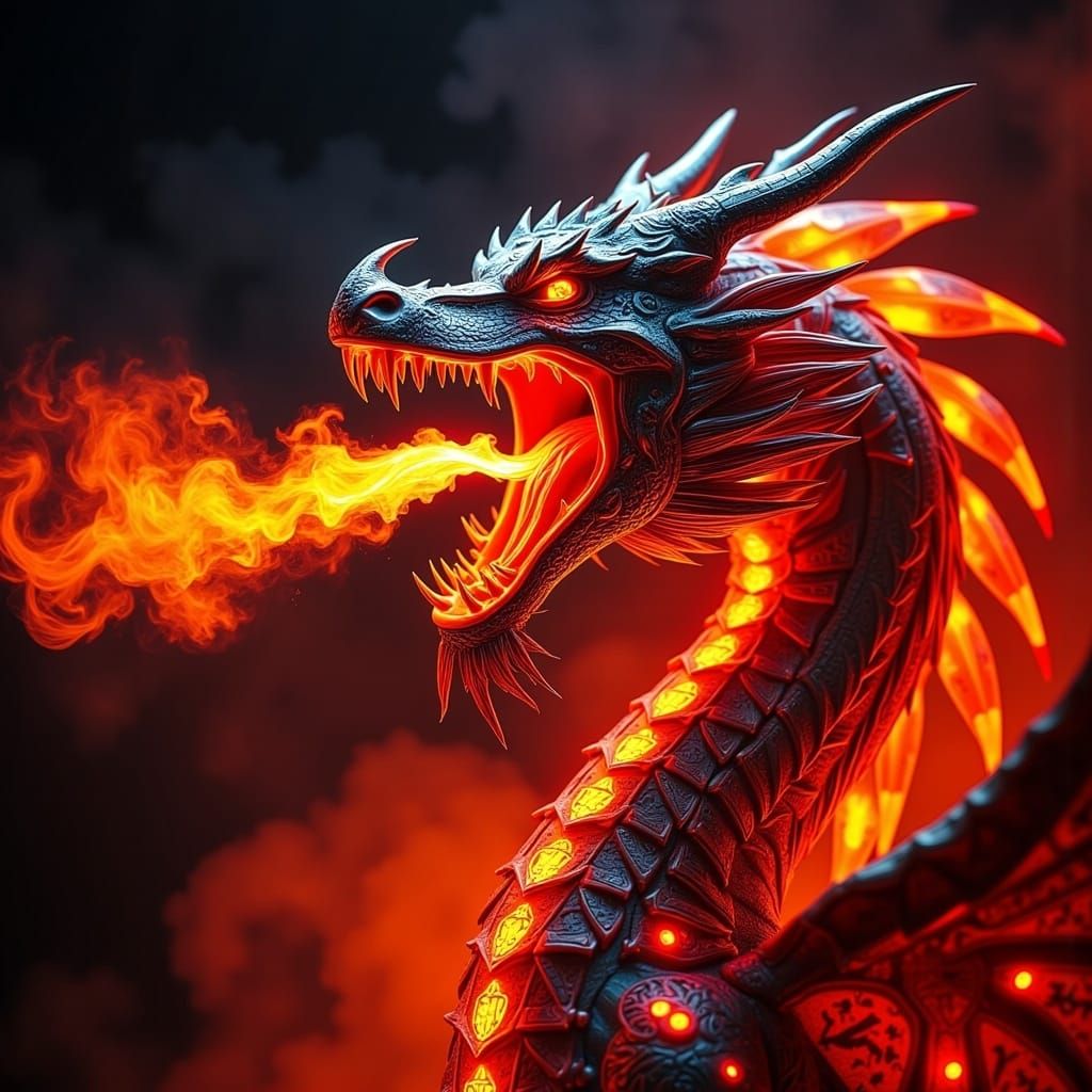 <lora:Glowing Hieroglyphs:1.0> A dragon spewing a flame of fire from its mouth