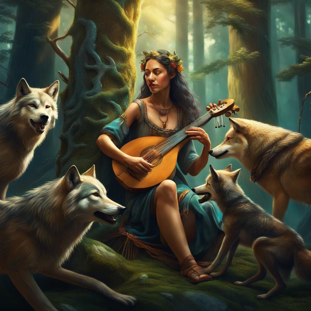 in an ancient forest, a human woman with the tail of a wolf ...