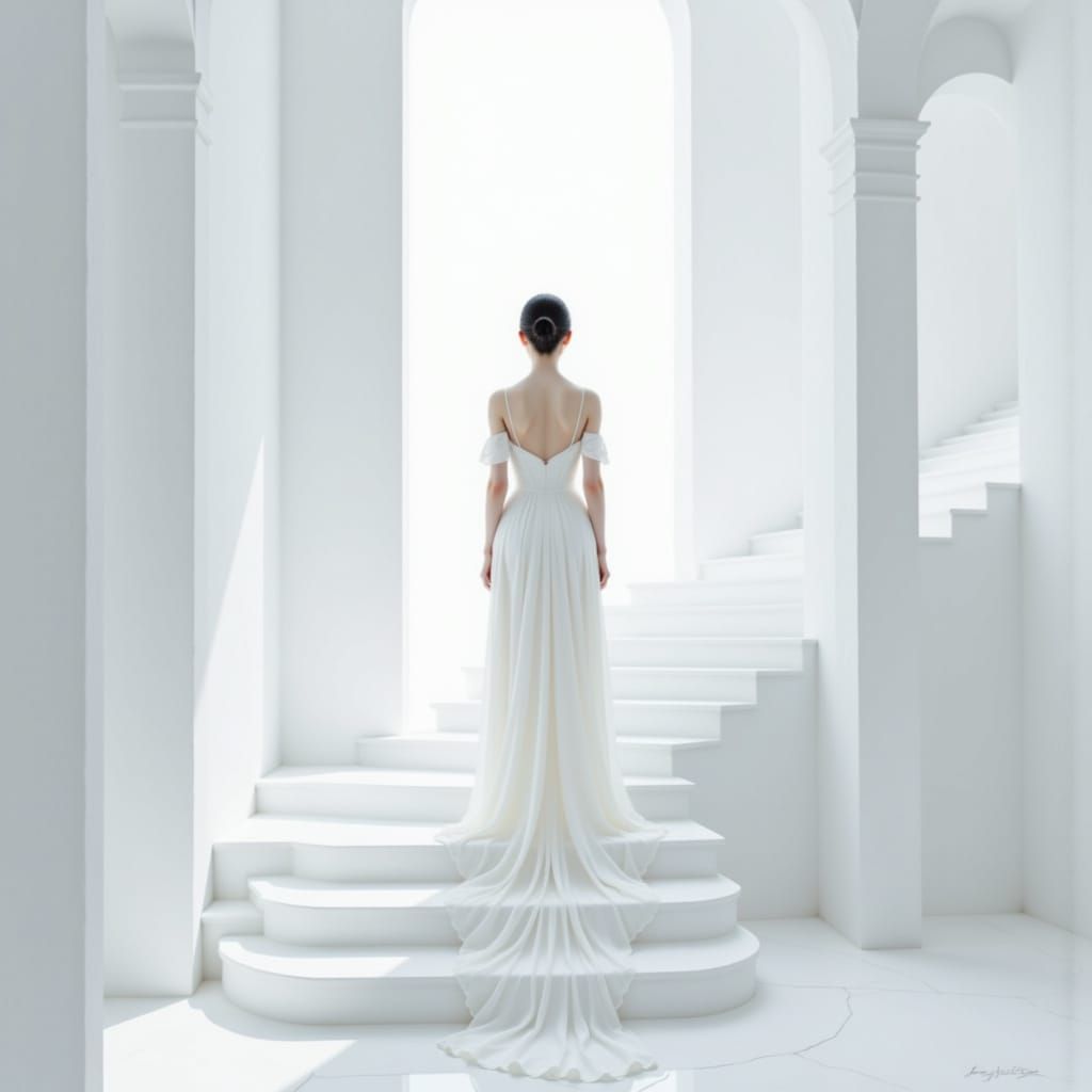 Purity Muse Ascends Pearlescent Crystal Staircase in White C...