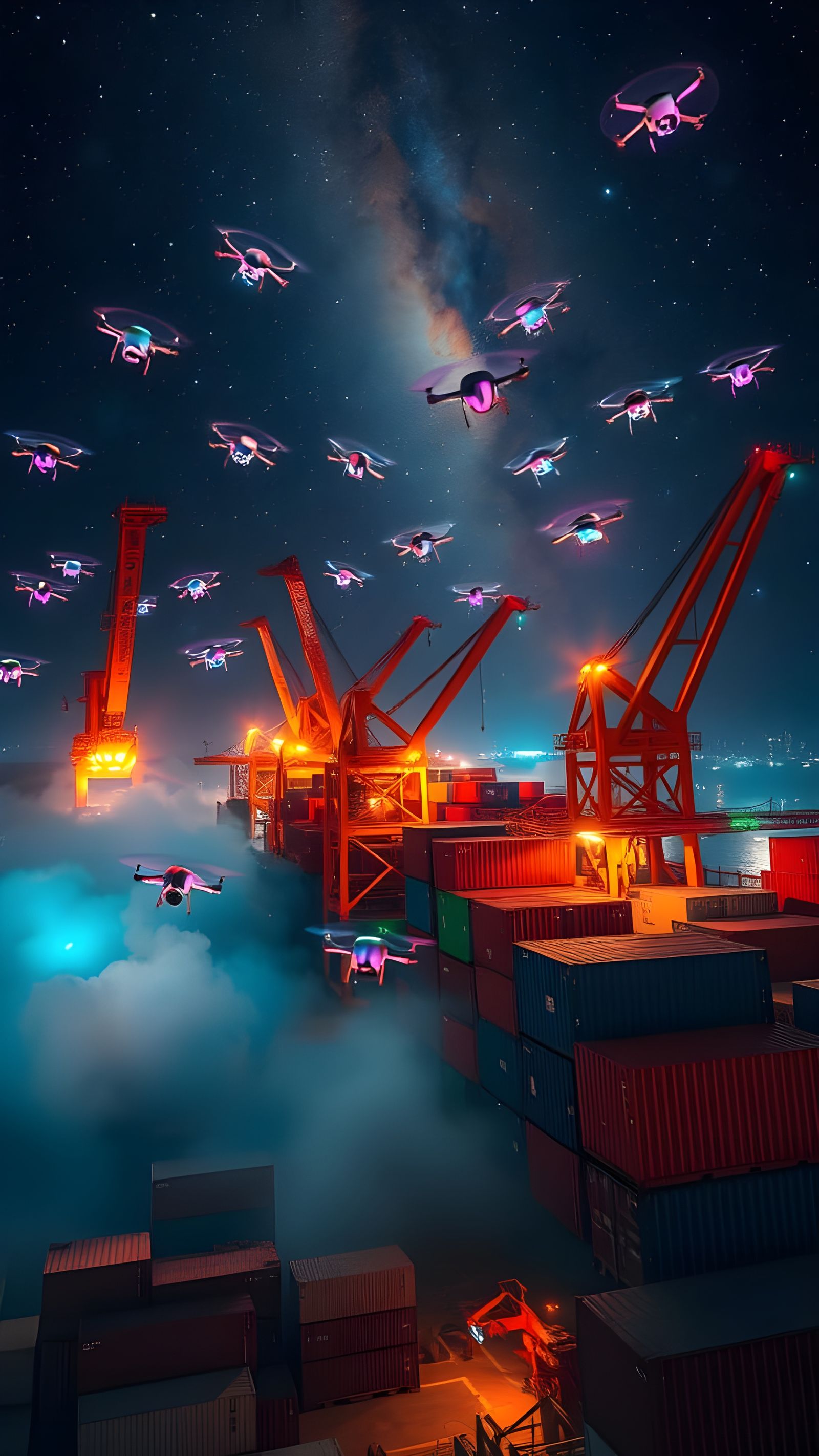 Surreal Cosmic Drones Dance in Neon-Lit Starry Night