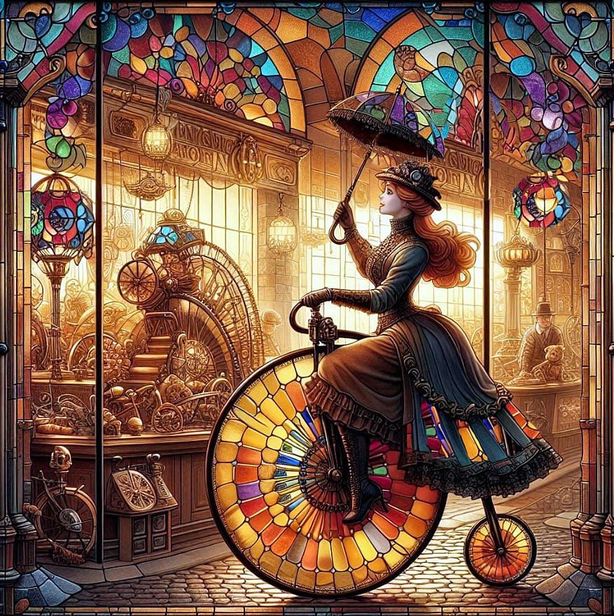 Stained glass penny-farthing