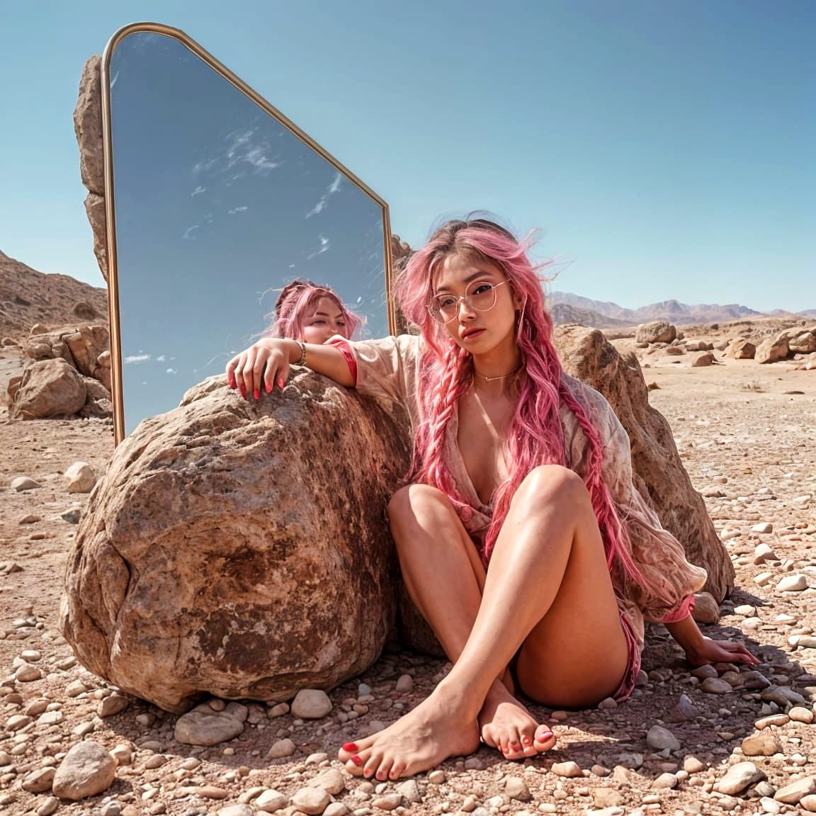 Next to a rock in the desert