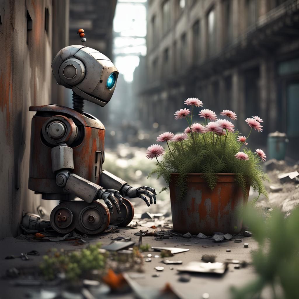 Portrait, A small robot in an abandoned city. guarding the only flower in a pot 