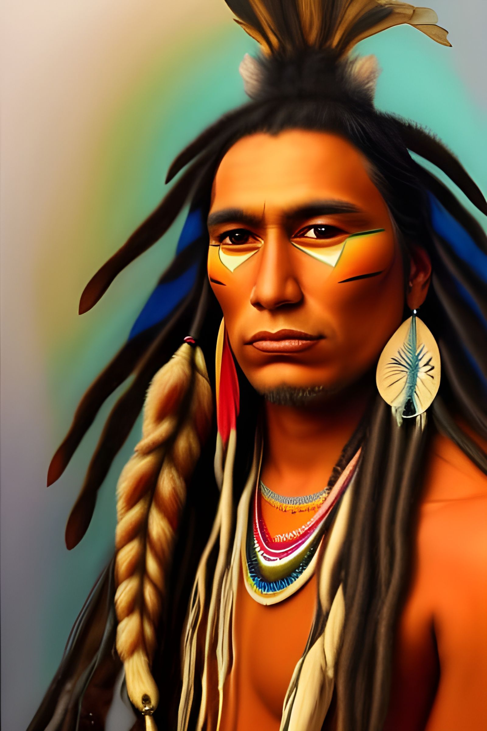 a painting of a native american man with dreadlocks, an airbrush ...