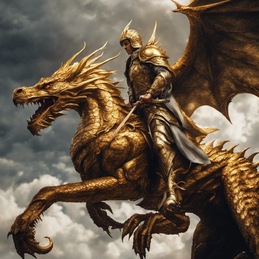 a paladin riding a golden dragon
