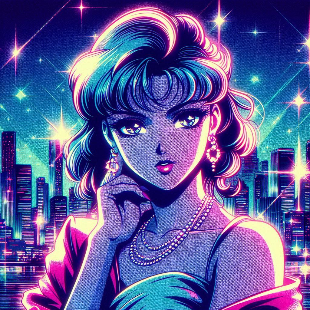 a 1980s anime style image of a woman fashion model drawn in ...