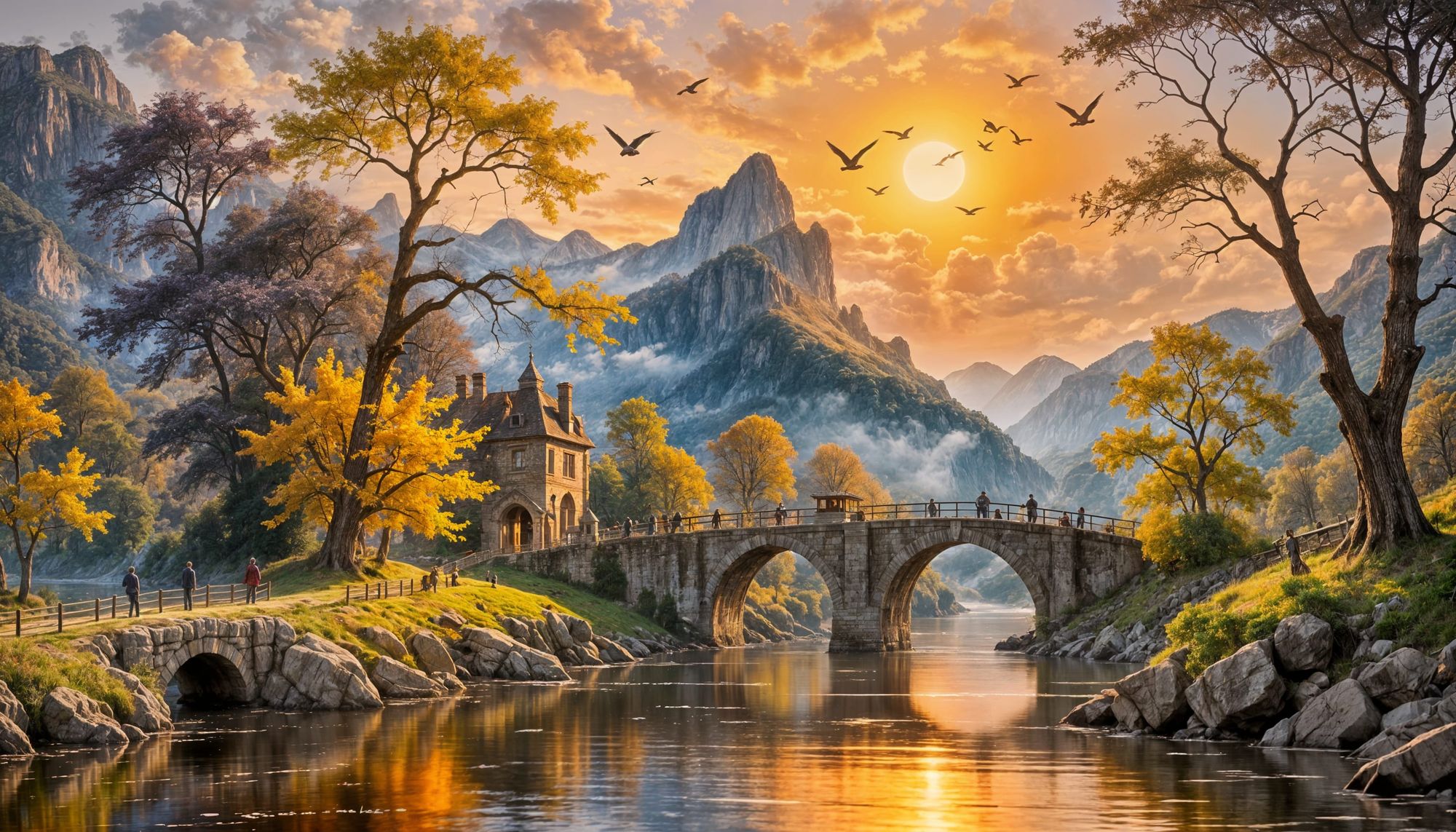 A steam train crossing a stone bridge over a mountain river, in the foreground a large tree on the shore with a fisherman and a child sittin...