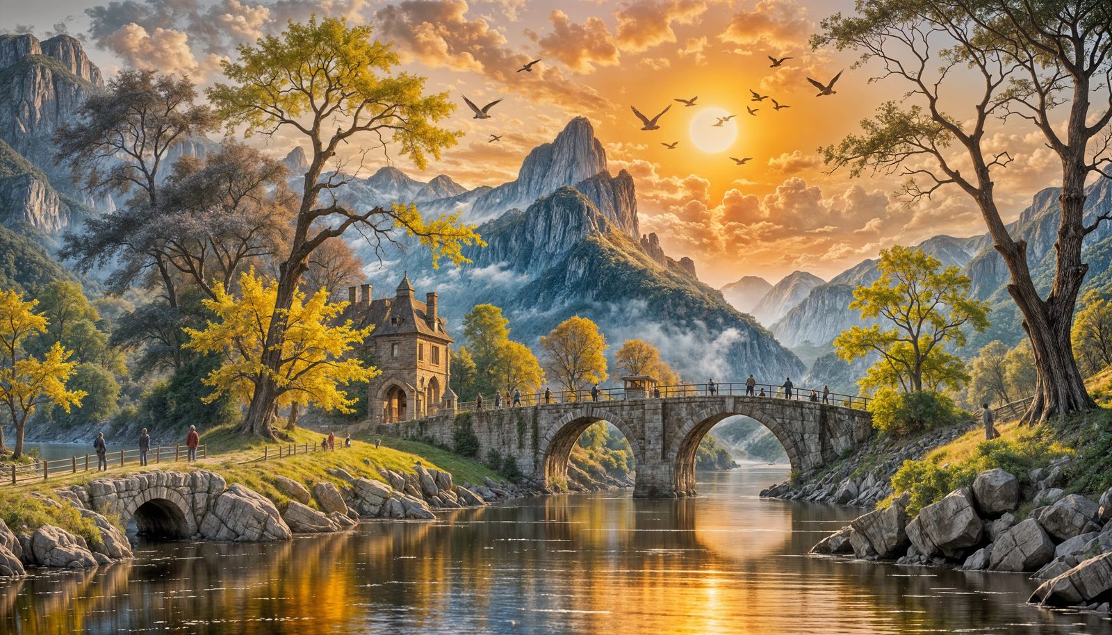 A steam train crossing a stone bridge over a mountain river, in the foreground a large tree on the shore ...  by @undefined