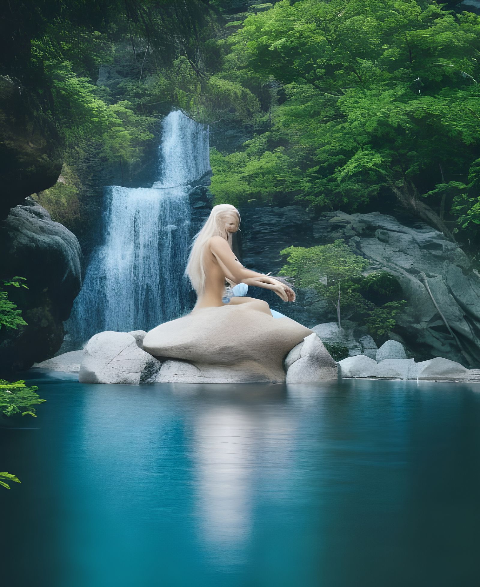 Waterfall and mountains with a beautiful blue eyed blonde me...