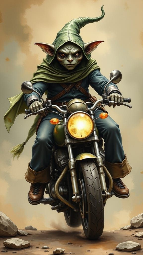 A wizard riding a futuristic motorcycle. <lora:Caffeine Critters:1.0>