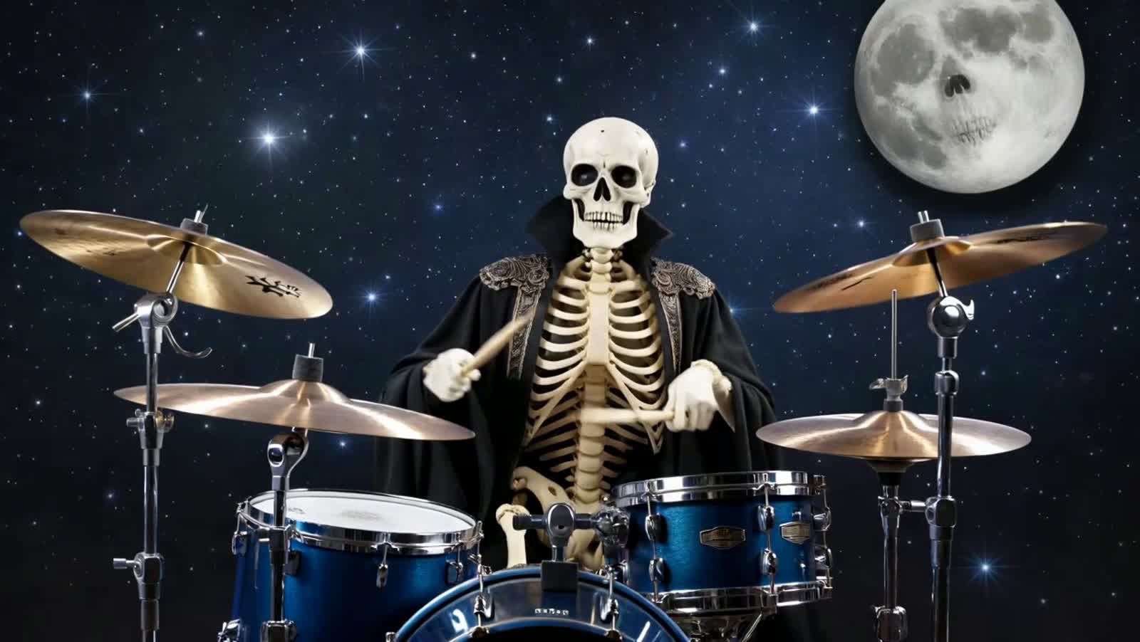 A SKELETON PLAYING A DRUM SET TO A HEAVY METAL SONG UNDER A FULL MOON IN A STARLIT SKY