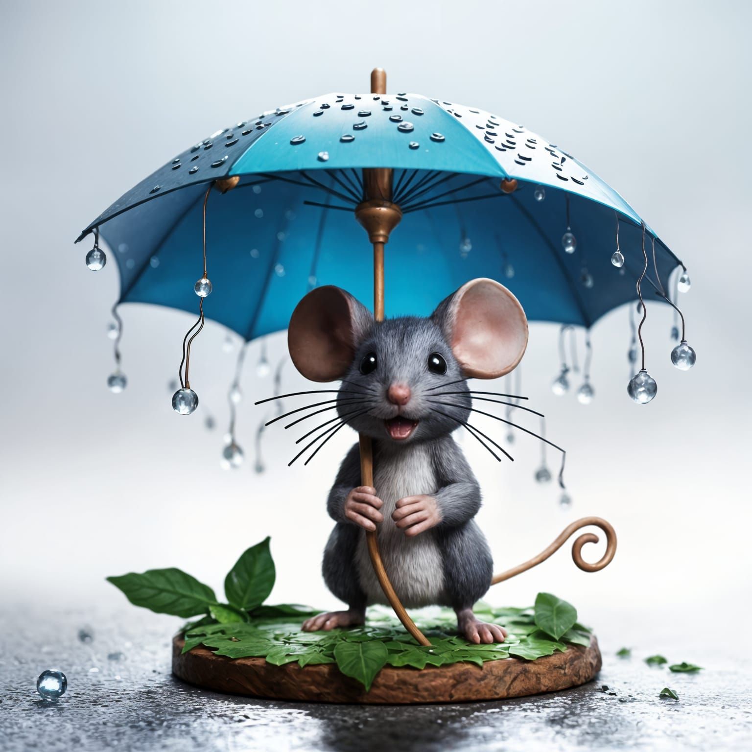 A miniature art of a mouse holding an umbrella in the rain  by @premium