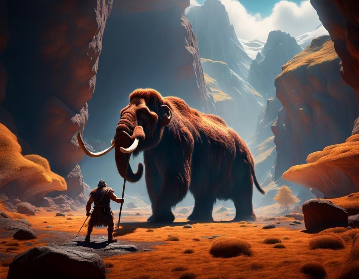 Prehistoric Man Fighting a Wooly Mammoth  by @Angel666