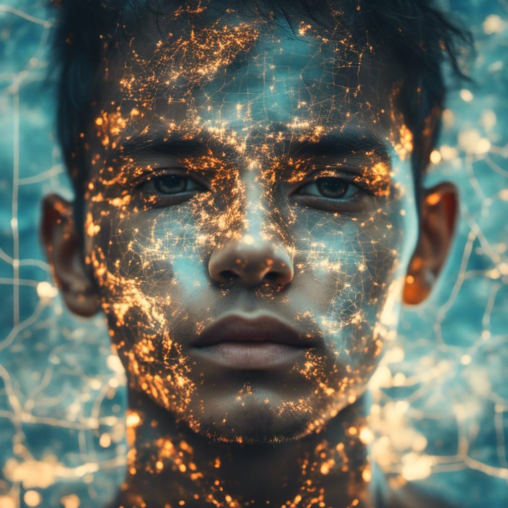 <lora:MJ6-1 DoubleExposure:1.0> 
Double exposure photography of a young man's face is covered with glowing digital maps, creating an intere...