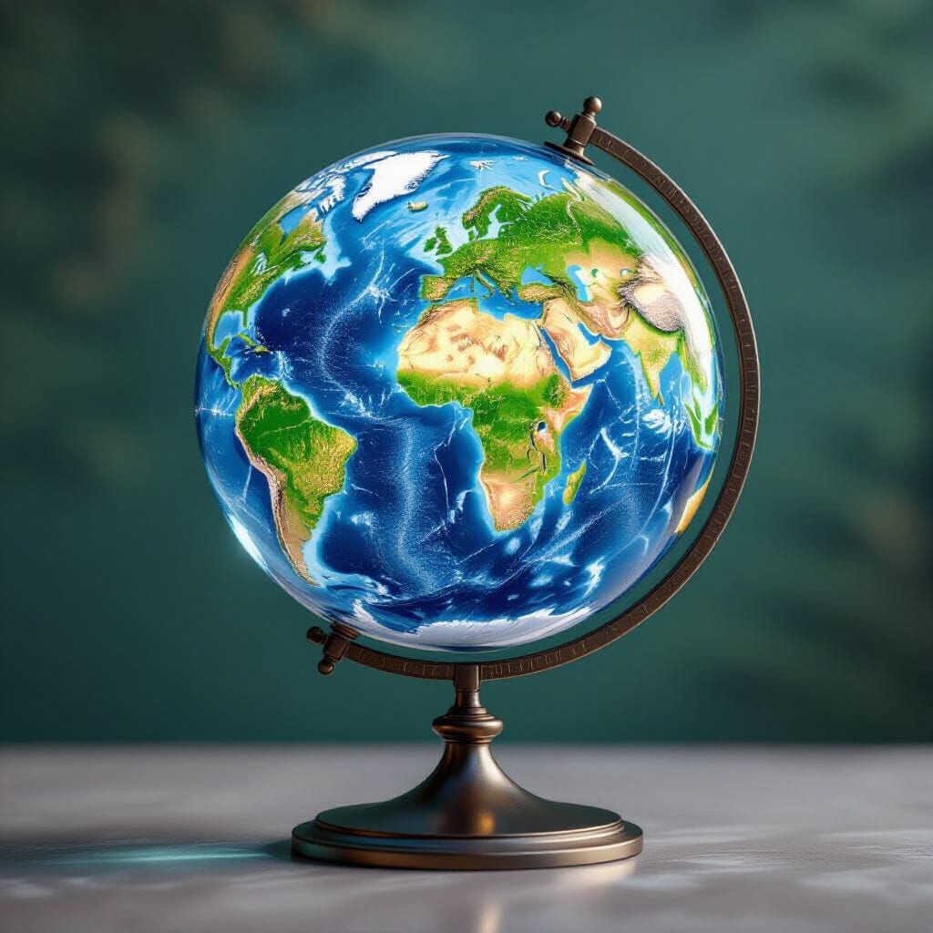 Create a transparent glass globe resting on a stand. Within the sphere of the glass globe superimpose a beautiful map of the world. detailed...