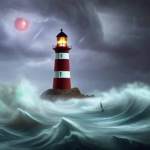 Boat near a lighthouse in a huge storm