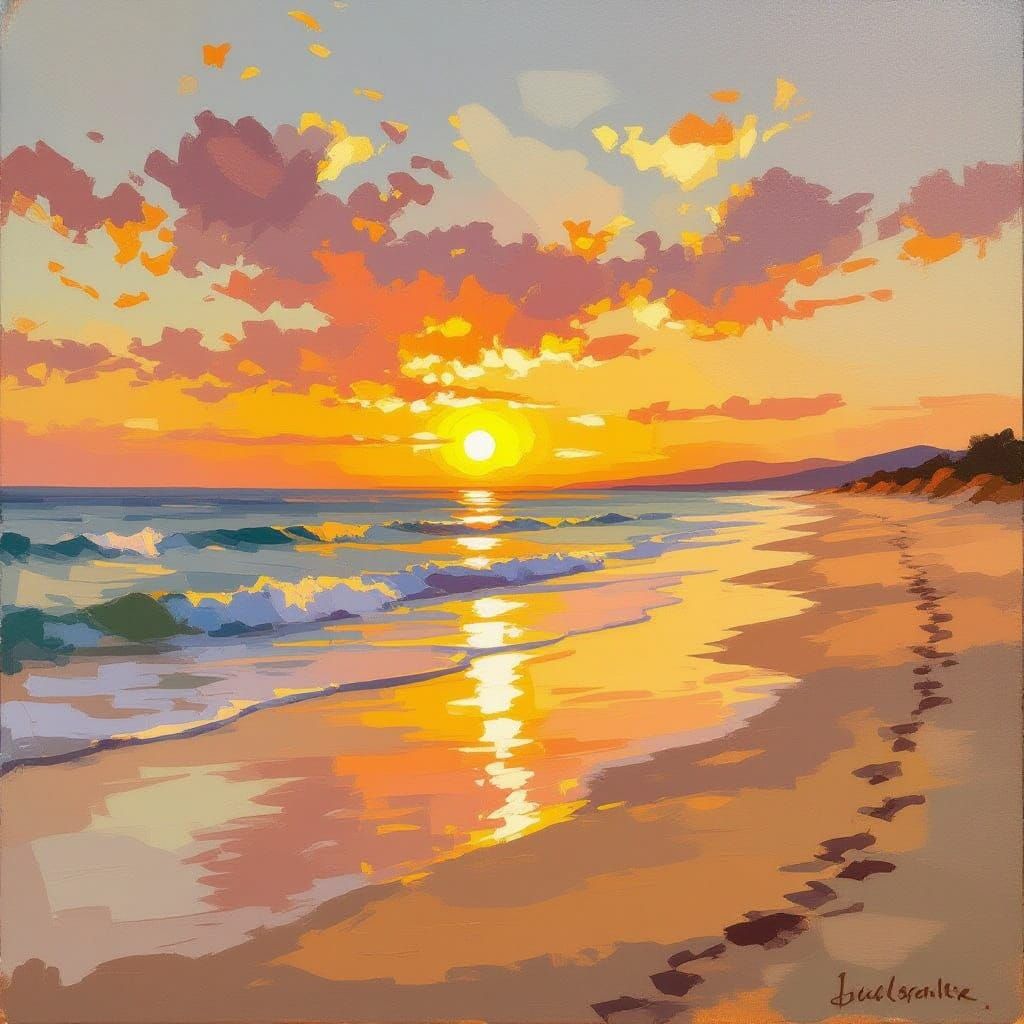 Sunset Over Serene Beach Oil Painting