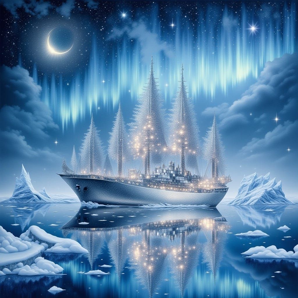 <lora:Icy Intensity:1.0> Watercolor painting ship in an icy water, silver metallic ship, icebergs, blue aurora in a starlit sky, fantasy dec...