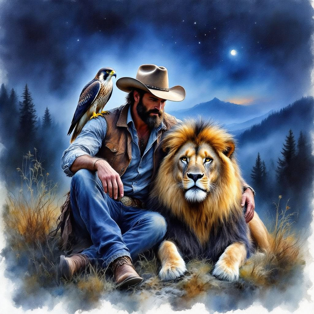 A man is sitting with a falcon on his shoulder and his Lion by his side in the Swiss countryside