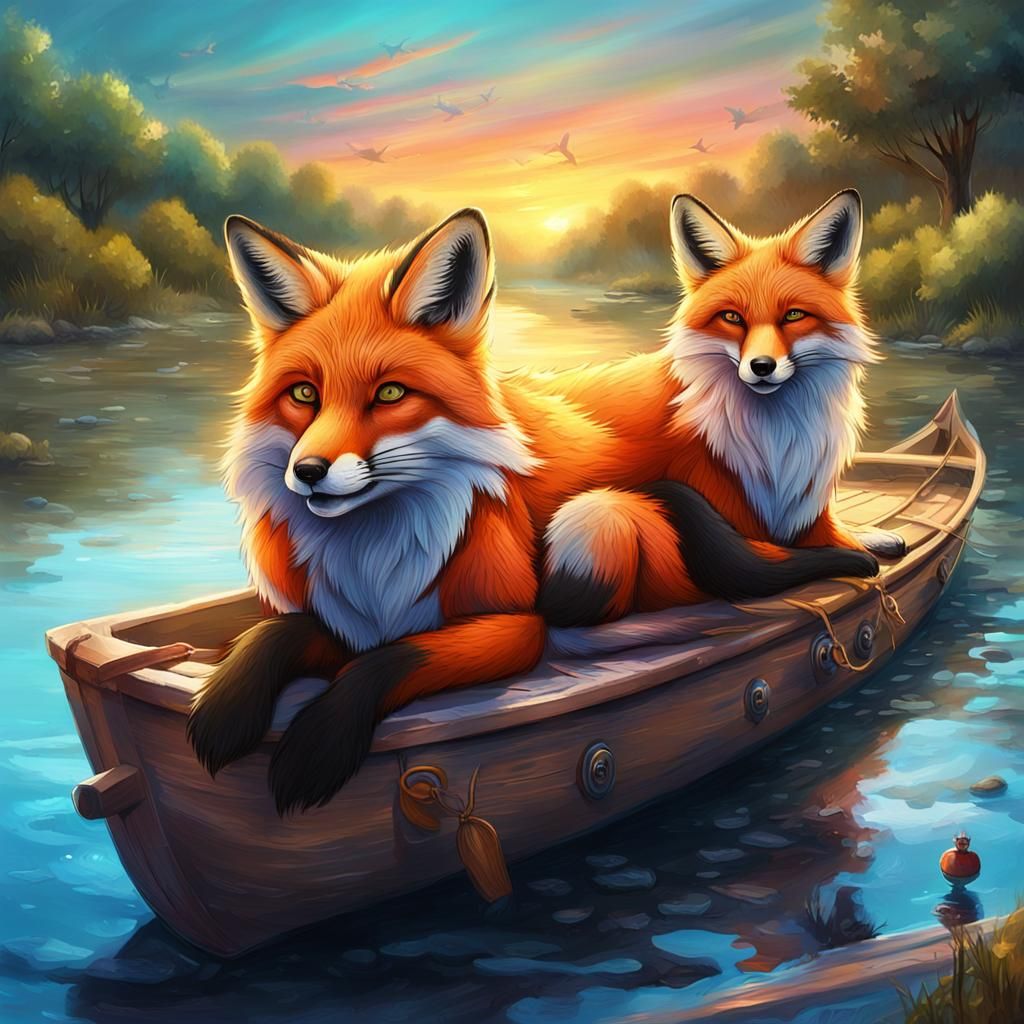 A fox laying on a wolf on a boat floating down a river, digi...