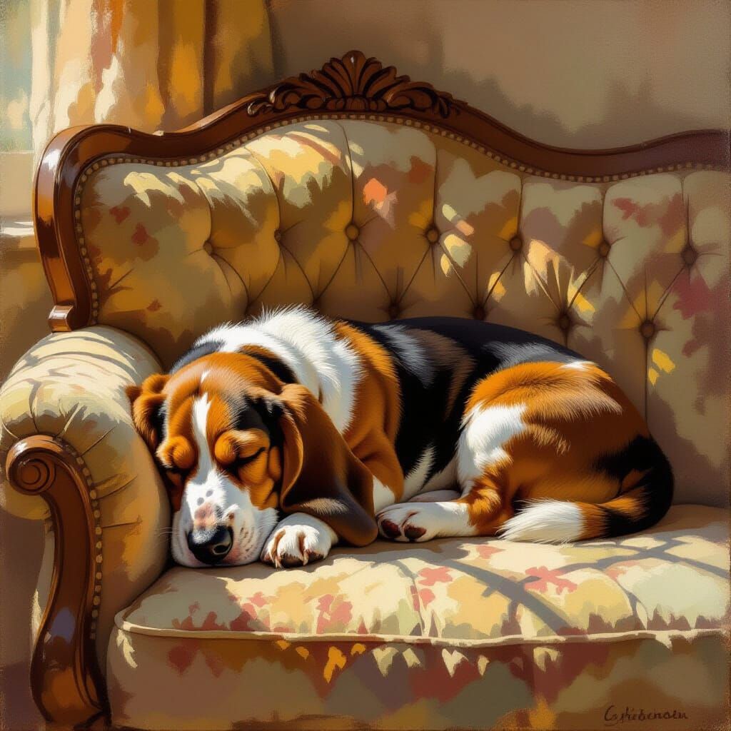 A Basset Hound curled up asleep on a worn, velvet chaise lounge in a sun-drenched room. Dust motes dance ...  by @Iconoclast