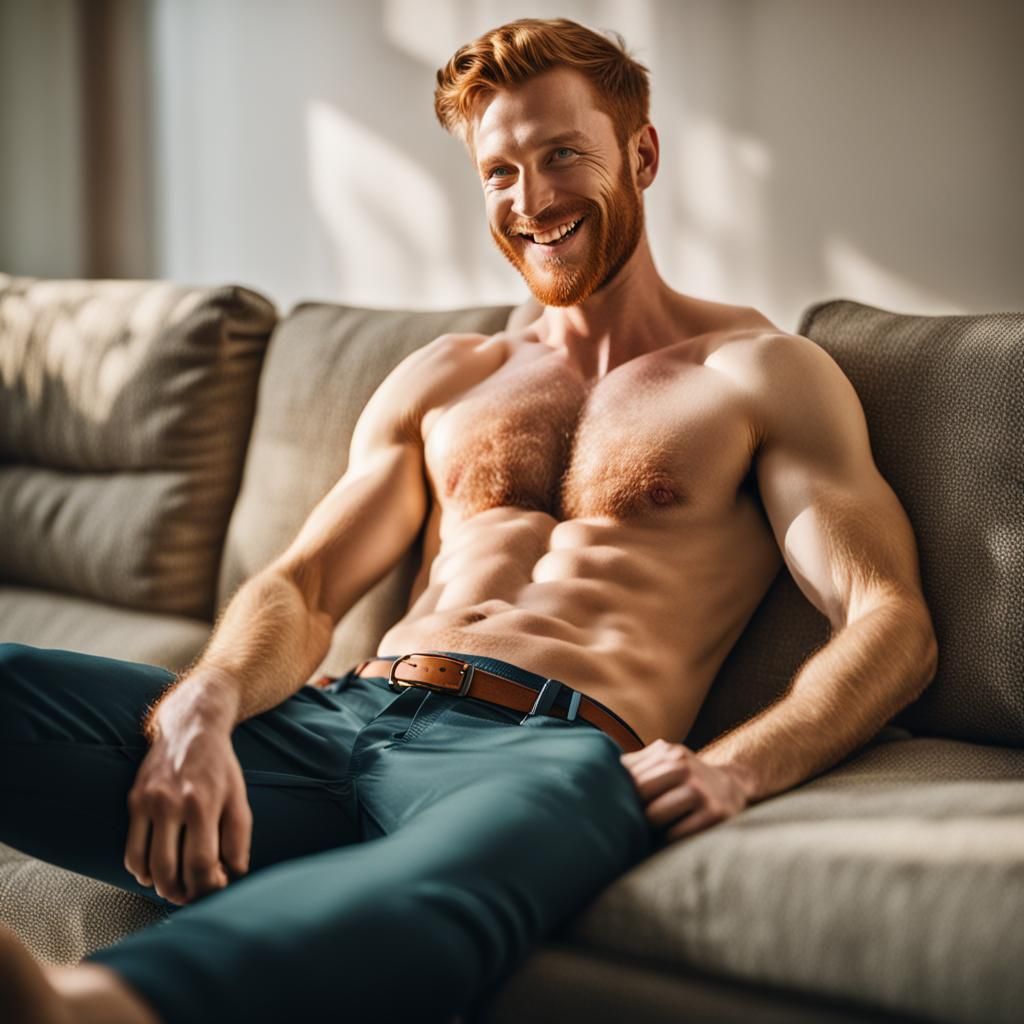 A ginger gay guy is laying on the sofa without shirt. He is ...