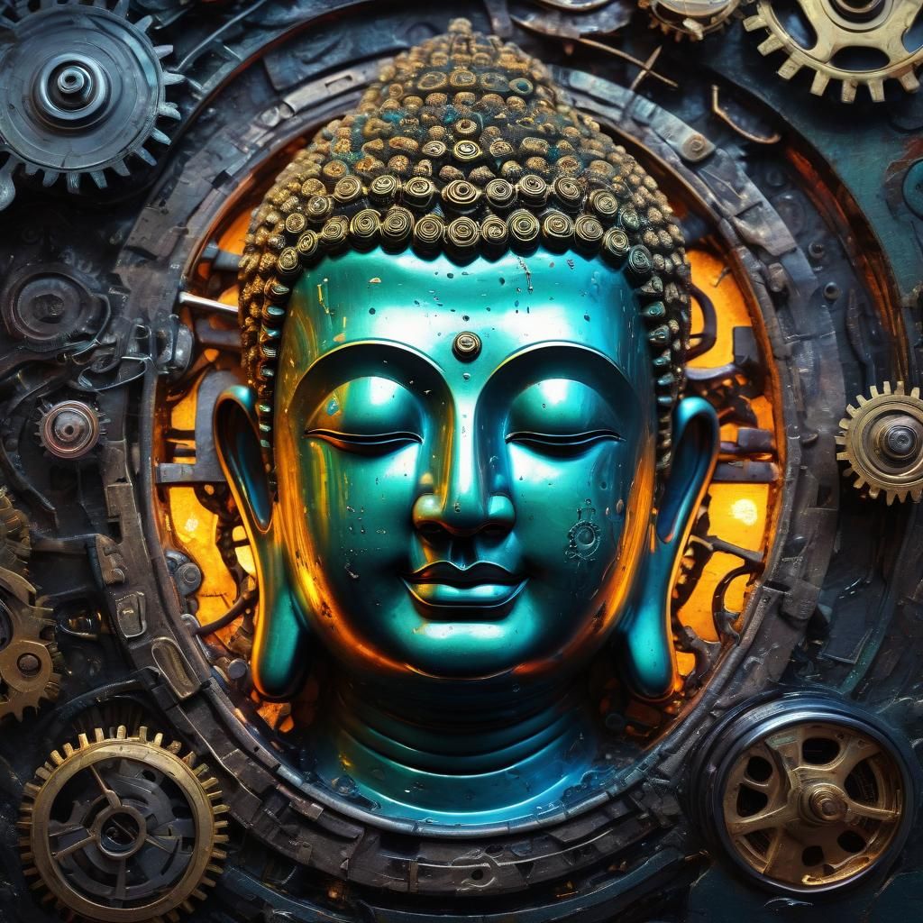 Surreal Steampunk Buddha in Cyberpunk Cityscape