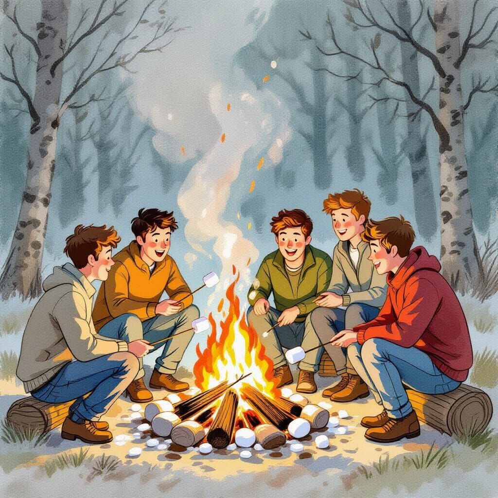 Bonfire Marshmallows Interrupted: Whimsical Illustration