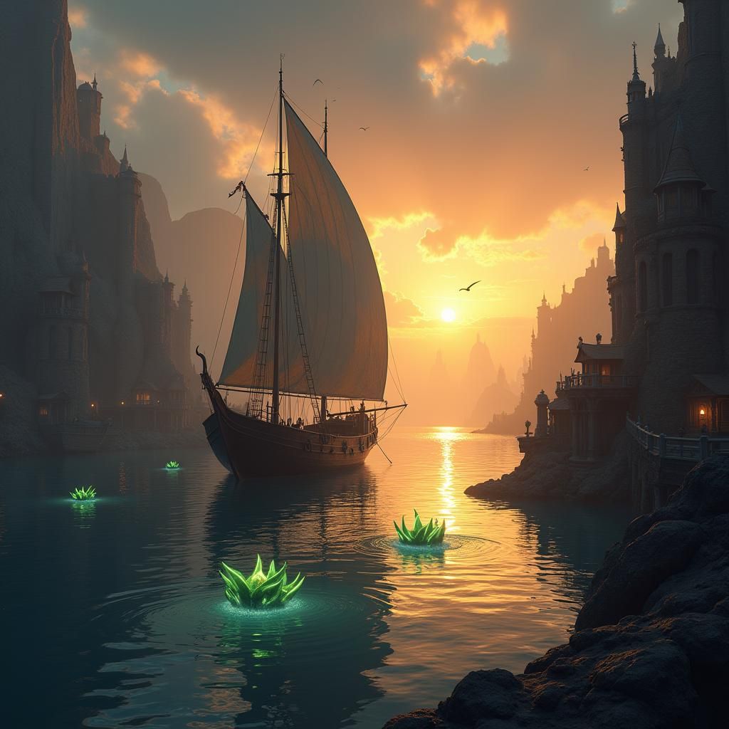 Mystical Sailboat Glides into Harbor at Dusk