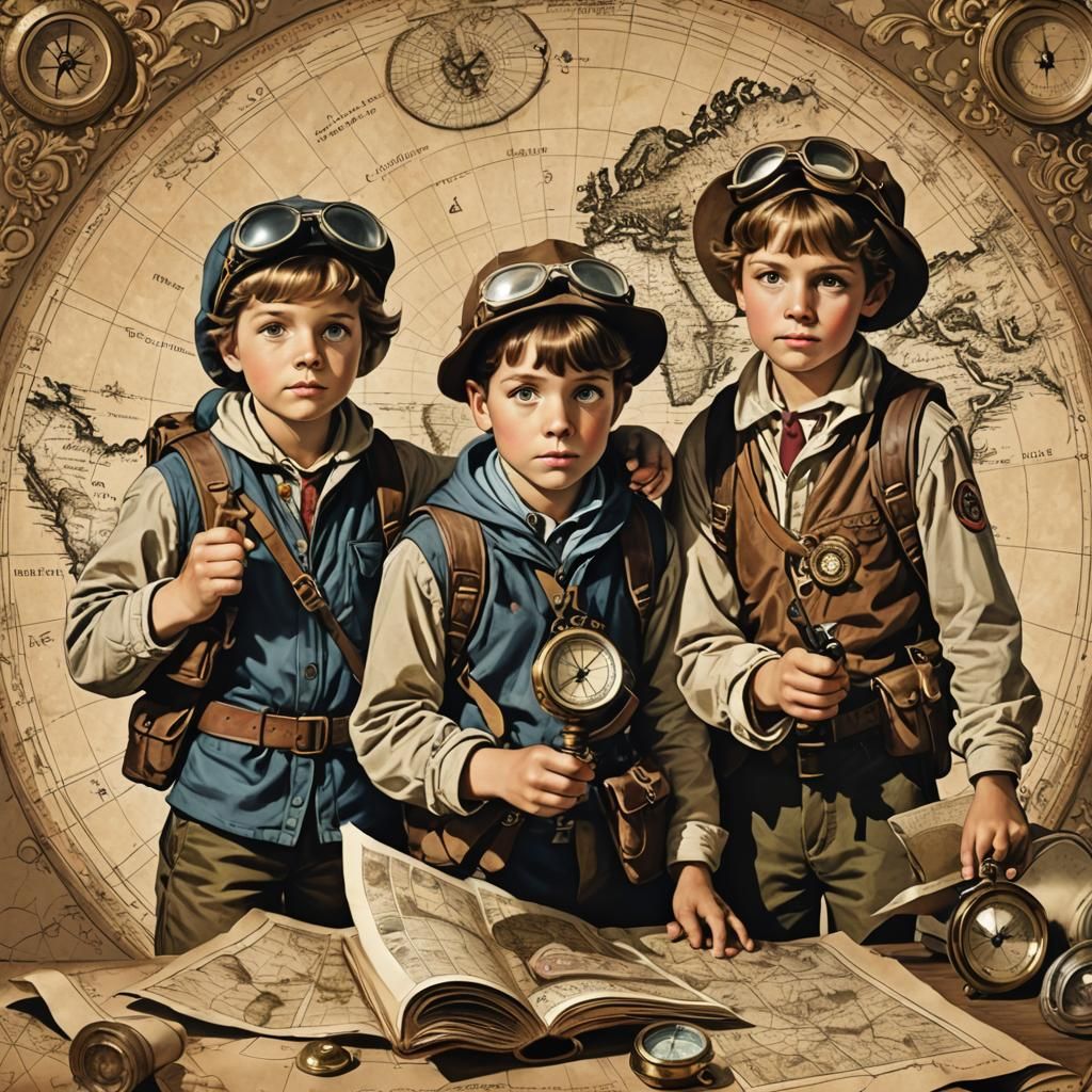 Vintage-style illustration of three siblings  by @Gaby