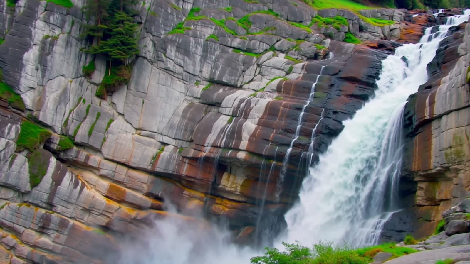 Waterfall Cascades Over Rocky Cliffs