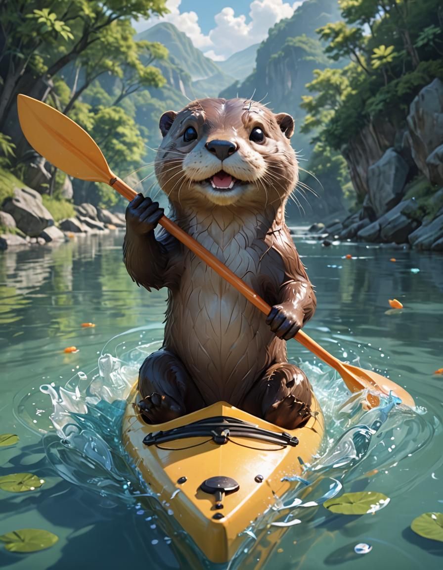 A happy otter riding a kayak   by @Rion November