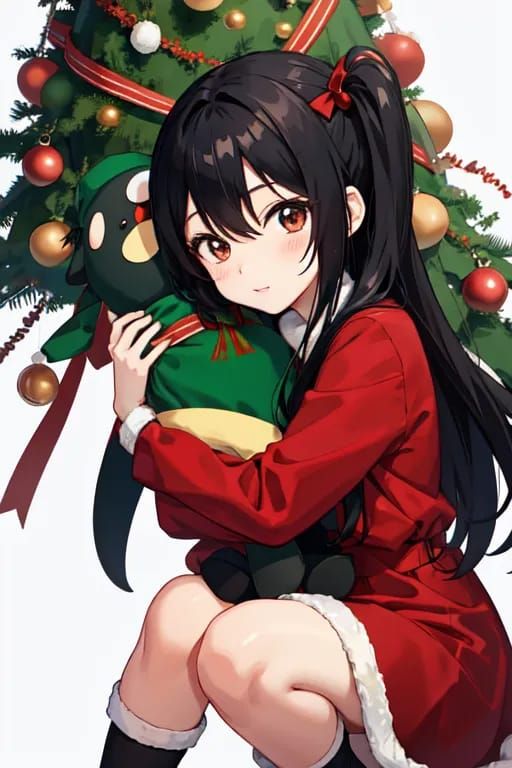 Moon hugging a christmas tree and snow person