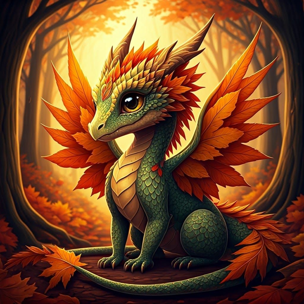 imaginary chibi witchy dragon with wings his scales are autumn leaves, autumn forest in the background, ...  by @PinkStrong