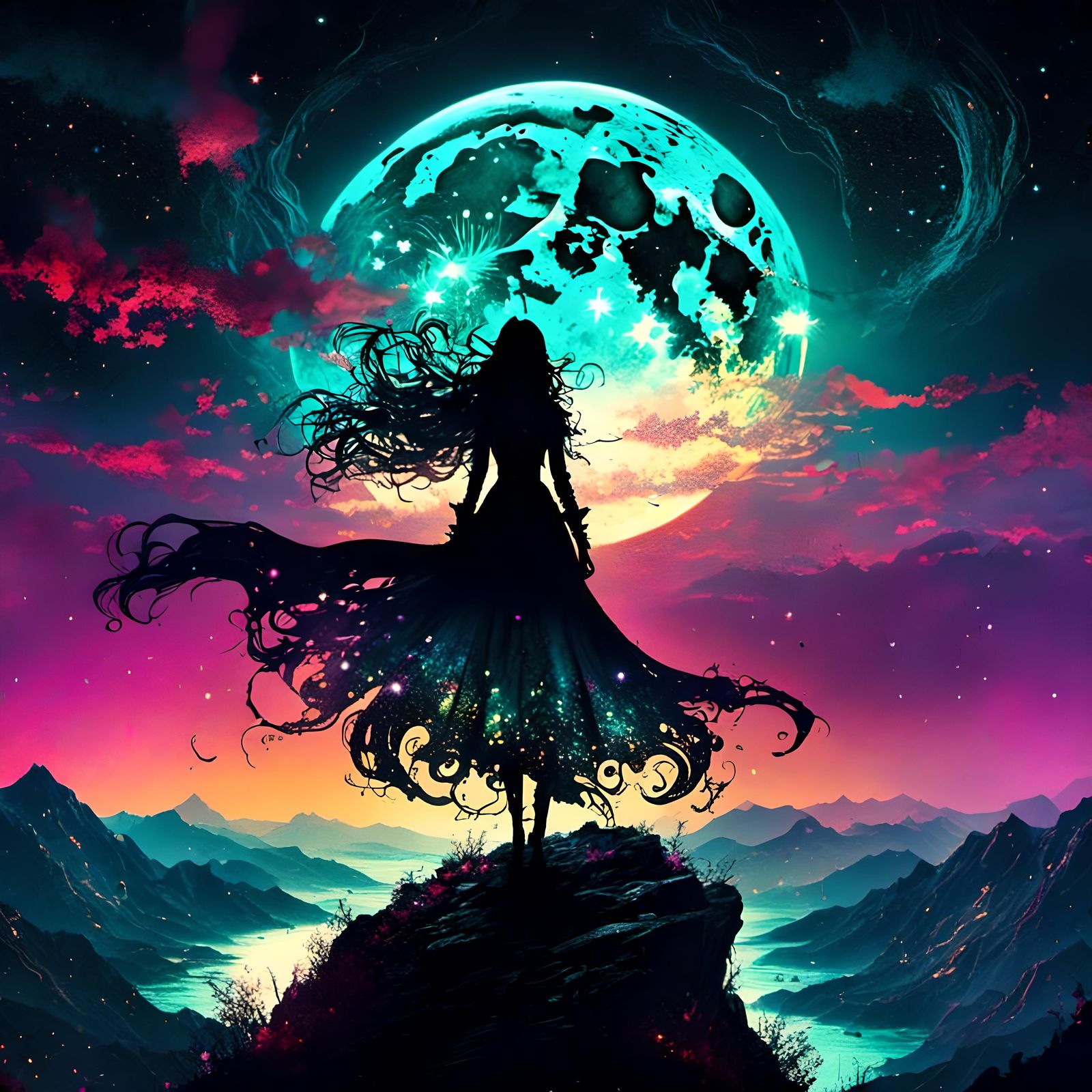 <lora:MisanthropyMix:1.0>witch silhouette in the mountain overlooking the city by the sea" nightfall moonlight stars inkpunk | colorful ink_...