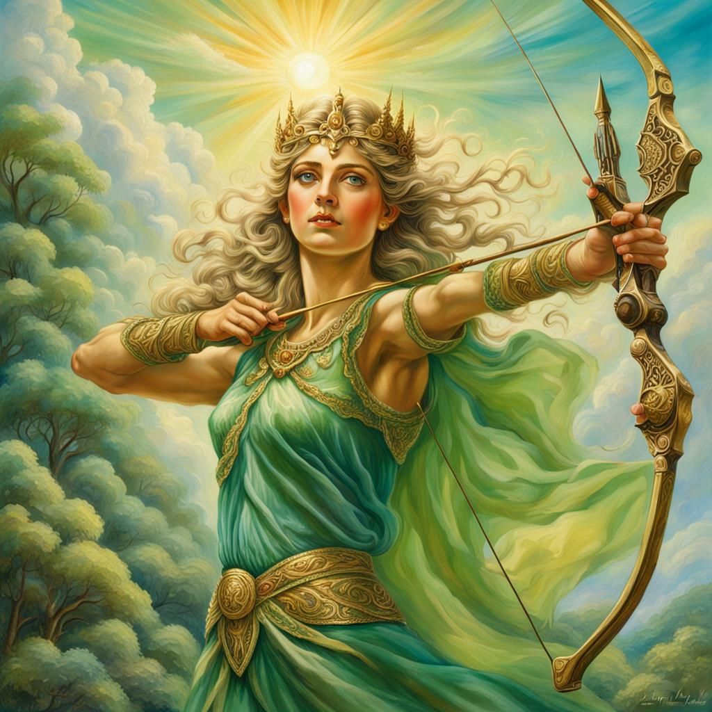 Hyper-realistic Goddess Diana the huntress with her bow and arrow armed ...