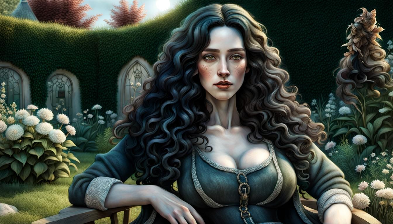 A stocky and curvy Jewish woman with a long face and angular features, long curly black hair, black eyes, pale skin, and aquiline nose wear...