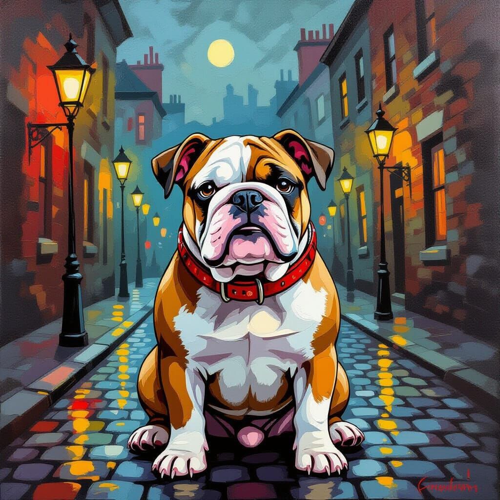 Bulldog in Street, Bold Brushstrokes Oil Painting