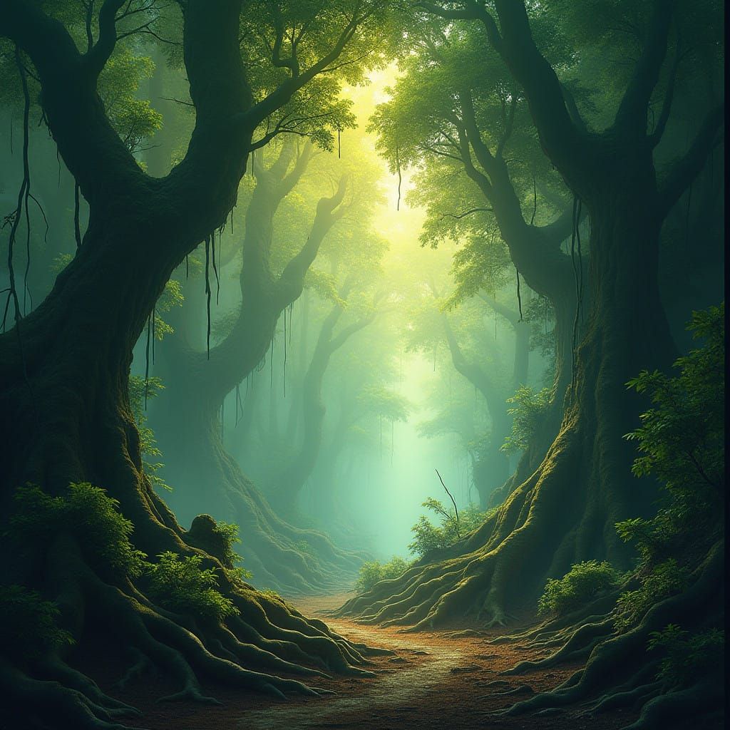Mystical Forest Illuminated by Warm Golden Light